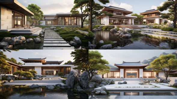 中国当代乡村别墅，二层极简不对称几何造型，卵石小径与盆景庭院，雾山荷塘背景，自然木与白混凝土，软光，8k超细节，田园风。