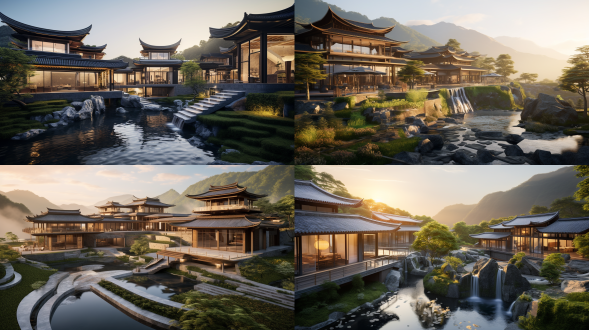 现代中式农舍建筑，双高玻璃立面，漂浮屋顶弯檐，前后院景美，梯田瀑布环绕，黄金时刻，电影构图，暖光，广角，高饱和。