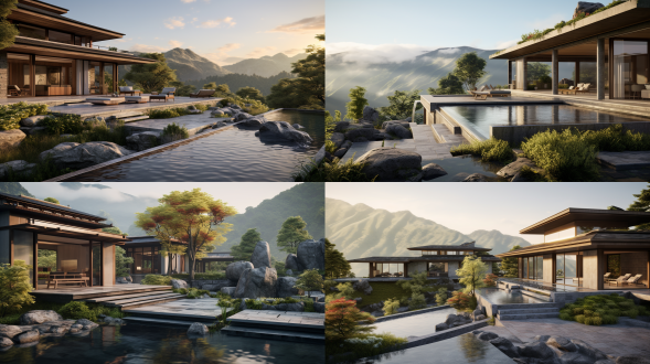 环保乡村别墅，分层混凝土与木材结构，前院禅意石庭，无边泳池连山色，全景窗框河谷，软雾，studio ghibli风，侧逆光，远景。