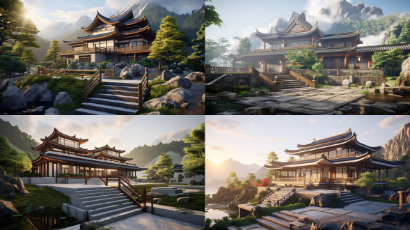 中国新民居两层坡顶别墅，原木格栅白墙简约体块，前后院有步道菜圃木平台，晨雾山峦溪流，无人机视角，ue5质感，暖光，和谐氛围。