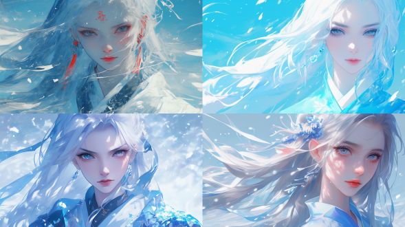 (((清透)))(((意境)))(((唯美)))(((朦胧)))(((梦幻)))古代女性俊美，冷峻表情，抿唇，绝美眼睛 可怜楚楚 速写嘴唇，五官端正，清冷疏离，破碎感，近距离肖像画，淡蓝色低胸汉服，，白色长发,国风插画,下雪,有风,随机背景,高对比度