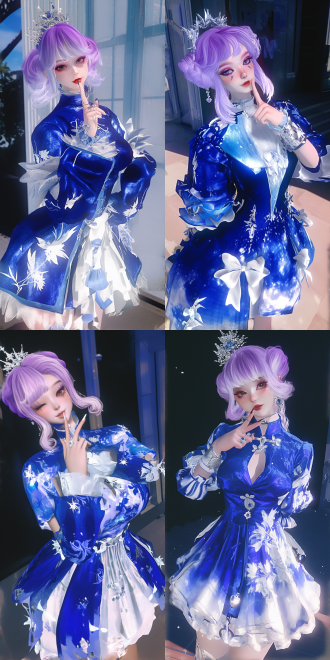 一个女生，淡紫色的头发，比着一个嘘的动作，五官高光，化妆，红唇，穿着深蓝色小香风套装，头上戴着银色皇冠，芭比风格，最高画质，最佳杰作，高分辨率