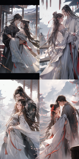 情侣古装，男英俊女美丽，长发飘逸，山峰古建筑背景，中国仙侠风格，高清，细节丰富，对称构图，自然光，长焦，柔和色彩，浪漫。