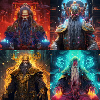 cyberpunk god of wealth, traditional chinese deity fused with biomechanical implants, wearing official robe with neon-lit circuit board patterns, holding quantum ingot emitting dopamine particles, holographic taoist talismans with binary code floating around, golden exoskeleton with nano-texture, background of glitching temple architecture overgrown with cryptocurrency vines, ultra-detailed linework, dunhuang mural color palette × tron lighting, cybernetic incense smoke