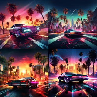 霓虹网格和太阳背景，与远处的城市夜景的双重曝光，将城市之美与复古未来主义的氛围相融合，远处有几颗棕榈树，画面中有几辆不同的改装车，它们有不同的颜色，都有低趴造型，有大尾翼。超高清大图。