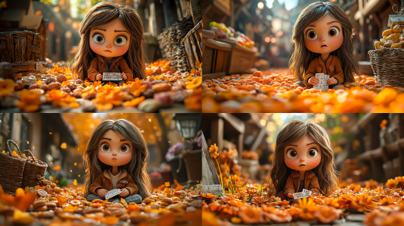 a little girl with long brown hair, wearing a brown jacket, sitting on the ground surrounded by snacks, checking expiration dates, disappointed expression, indoor setting, 3d cartoon style,