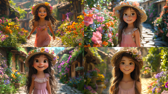 a joyful little girl with long brown hair, wearing a pink dress and a straw hat adorned with flowers, walking energetically on a cobblestone path surrounded by vibrant flowers and lush greenery, with a quaint rural village in the background, warm golden sunlight casting soft shadows, 3d cartoon style, highly detailed, dynamic movement, bright smile, excited eyes,