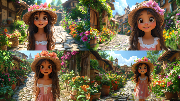 a joyful little girl with long brown hair, wearing a pink dress with white lace trim and a straw hat adorned with pink flowers, walking energetically on a cobblestone path surrounded by vibrant flowers and lush greenery, with a quaint rural village in the background, warm golden sunlight casting soft shadows, 3d cartoon style, highly detailed, dynamic movement, bright smile, excited eyes,