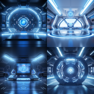 “设置”界面画面，对称构图，科技感房间，冷色调，微距镜头，顶光，界面元素清晰，未来感，简洁，冷静。