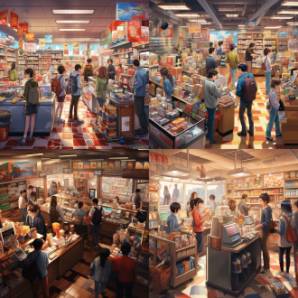 便利店收款区人群聚集，左右有货架机器，顾客挑选商品，对称构图，室内暖光，标准镜头，中景，生活气息，忙碌氛围。