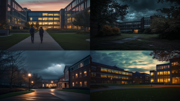 校园建筑物，天空渐暗，三分法布局，城市校园环境，长焦镜头，逆光，暗色调，光影变化快，紧迫氛围。