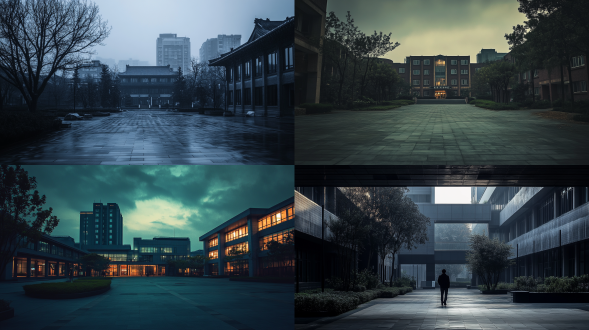 中国大学校园建筑，天空渐暗，三分法布局，城市环境，长焦镜头，逆光，暗色调，光影变化，紧迫氛围。