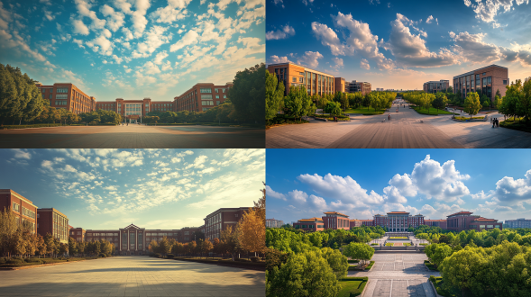 中国大学校园建筑，蓝天白云下，三分法构图，全景镜头，顶光，暖黄色调，光影渐变暗示时间，急切氛围。