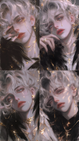 男性青少年中景，凌乱黑发灰眸，苍白脸流黑泪，黑翼遮脸，薄衣，恶眼低看观者，逆光圣辉，哥特风，神秘。