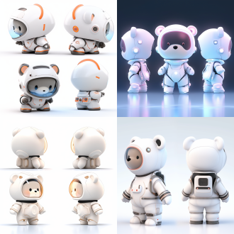 三视图，全身，正面，侧面，背面，卡通ip，白色小熊，白色宇航员玻璃帽子，科技感，萌萌哒，蹲下，干净背景，pop mart，pixar，ip盲盒，粘土材料，柔和颜色，工作室灯光，octane render，3d，c4d，超高清8k，16:9纵横比。
