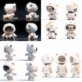 三视图，全身，正面，侧面，背面，卡通ip，白色小熊，白色宇航员玻璃帽子，科技感，萌萌哒，蹲下，干净背景，pop mart，pixar，ip盲盒，粘土材料，柔和颜色，工作室灯光，octane render，3d，c4d，超高清8k，16:9纵横比。