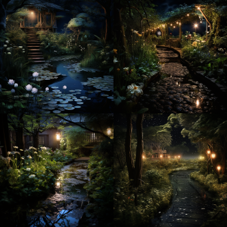 小花园中一条蜿蜒的小路，夜晚，水池中映照着淡淡的月光