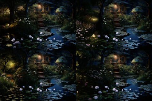 小花园中一条蜿蜒的小路，夜晚，水池中映照着淡淡的月光