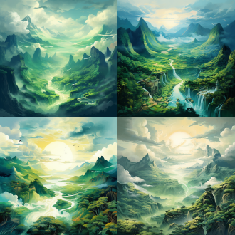 青绿山水，瀑布小溪蜿蜒小路层叠山峦与云海，鸟瞰构图，泼墨写意风，高饱和度，暖光，文本创意，大气磅礴。