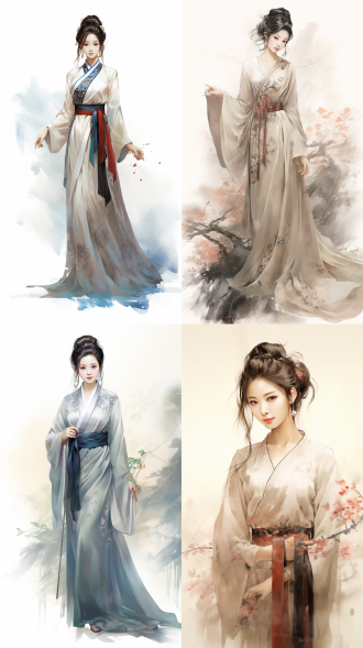 中国古代少女， chinese painting style, outlined with lines, delicate wash, high-quality, elegant posture, gentle expression, blank background, rich details, serene atmosphere, traditional attire, meticulously depicted, classical beauty.,,in clothes