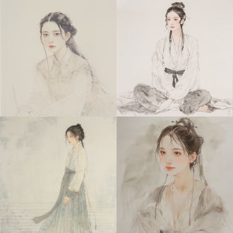 现代中国女孩全身像，中式绘画风，线条勾勒淡彩晕染，空白背景，现代服饰，姿态优雅表情温柔，柔焦，淡彩，宁静 。