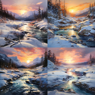 风雪旷野夕阳西下，近处结冰小河，低视角，笔触粗犷油画风，冷色调，旷野环境，逆光，大气透视，宁静。