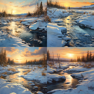 风雪旷野夕阳下，近处结冰小河，低视角构图，超写实油画风，旷野环境，逆光，大气透视，冷色调，宁静。