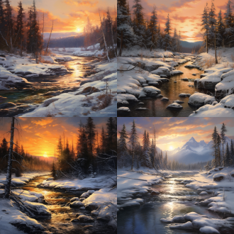 风雪旷野日落时，近有河流，低角度构图，超写实油画风，荒野环境，逆光，大气透视，冷色调，静谧。