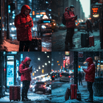 穿红色羽绒服男士站下雪城市街道旁，手持手机焦急等出租，旁有拉杆箱，三分法构图，冷色调，长焦镜头，逆光，暗背景，焦急神情。