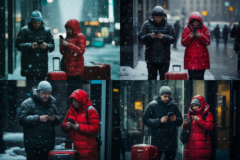 清晨下雪城市街道，穿黑羽绒服男士和红羽绒大衣妻子持手机焦急等出租，旁有拉杆箱，三分法构图，冷色调，长焦逆光，暗背景。