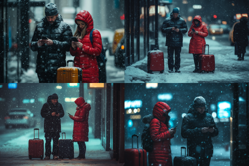 清晨下雪城市街道，穿黑羽绒服男士和红羽绒大衣妻子持手机焦急等出租，旁有拉杆箱，三分法构图，冷色调，长焦逆光，暗背景。