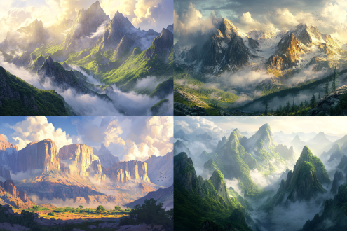 晨曦下巍峨群山，灰白色岩石与深绿植被对比，山间云雾涌动，三分法构图，全景镜头，侧逆光，暖色调，大气磅礴。