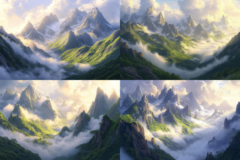 晨曦下巍峨群山，灰白色岩石与深绿植被对比，山间云雾涌动，三分法构图，全景镜头，侧逆光，暖色调，大气磅礴。