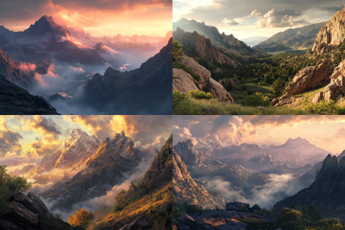 晨曦巍峨群山，岩石植被对比，山间云雾涌动，三分法构图，全景镜头，侧逆光，暖色调，大气磅礴。