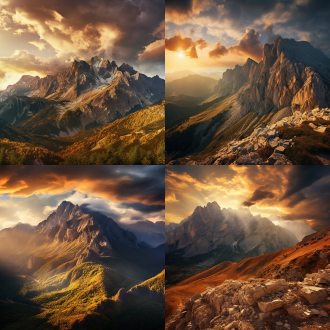 夕照下的巍峨群山，岩石植被对比，山间云雾涌动，三分法构图，全景镜头，侧逆光，暖色调，大气磅礴