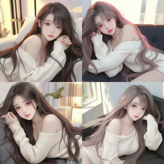 一个长发女孩，半靠在沙发上，穿着白色的露肩白毛衣，