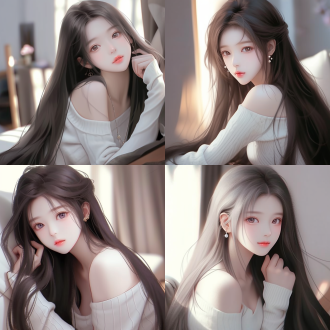 一个长发女孩，半靠在沙发上，穿着白色的露肩白毛衣，