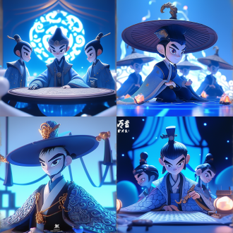 申公豹与投资人洽谈，对称构图，科技感环境，长焦镜头，顶光，古装，专注神情，蓝白色调，忙碌团队，冷静氛围 。