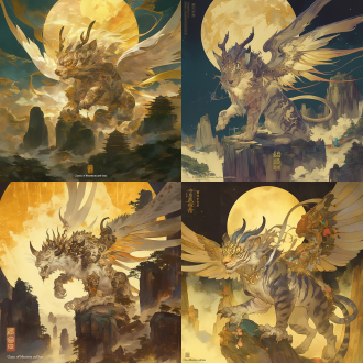 《山海经》中的穷奇，身形威猛，融合老虎的身体、【犀牛的角】，长者翅膀，毛发透明且在月光下闪烁神秘光泽，眼睛明亮如星辰，周围是高耸的昆仑山，金色月光与深邃夜空交织，营造出神秘而古老的氛围，二维风格，细腻线条勾勒，充满传统神话色彩。