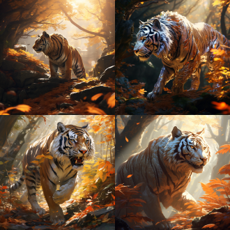 穷奇山林行走，阳光洒叶，老虎身犀牛角翅膀，透明毛发闪烁，对角线构图，二维风格，细腻线条，暖光，长焦，奇幻氛围。