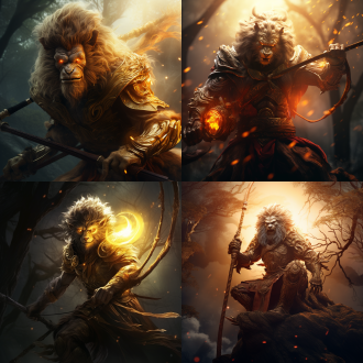 黑神话孙悟空，居中构图，魔幻森林，冷色调，长焦镜头，逆光，挥舞金箍棒，英武神态，动作凌厉，奇幻氛围。