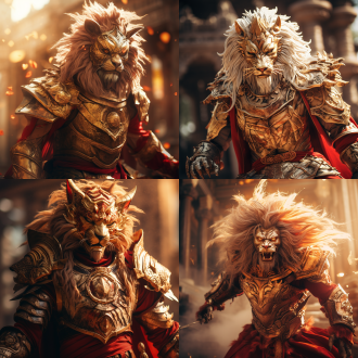 黑神话孙悟空，黄金甲虎皮裙，怒目圆睁，仰天大吼，宫殿废墟中，暖光，长焦，特写，动态模糊，红金配色，霸气。