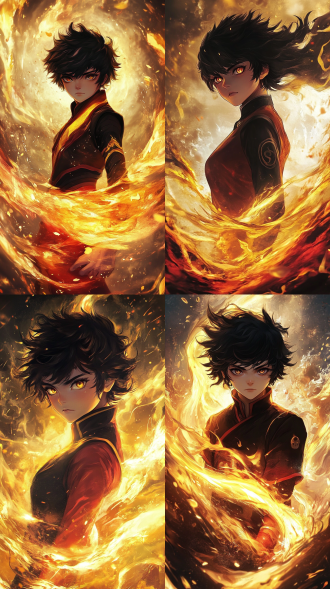 哪吒立于波涛中，中国风场景，三分法构图，神话风，3d风格，冷调暖黄主调，超广角镜头顶光，动态模糊，英勇神情。