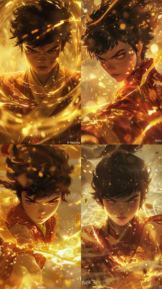 《哪吒》海报特写，暴雨中哪吒，背景金光放射状，中心构图，8k超清，暖黄主调，逆光，霸气神秘，特写镜头，面部坚毅。