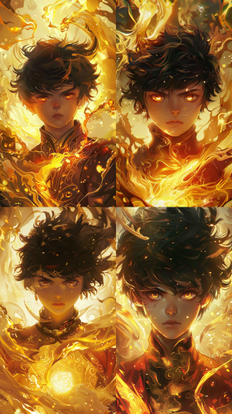 哪吒闹海海报特写，中心构图，背景金光放射，8k超清，暖黄主调，逆光，哪吒霸气神秘，广角镜头，高饱和。