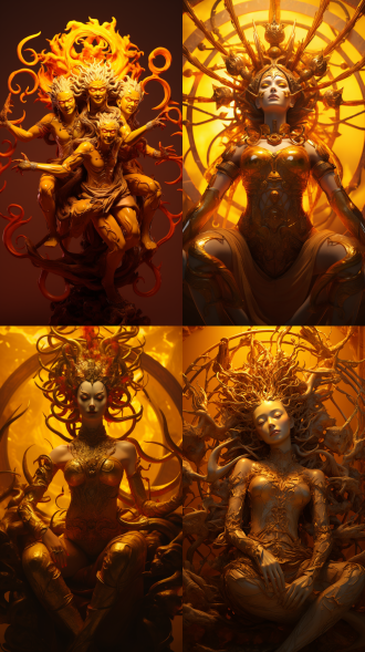 哪吒三头六臂，中心构图，背景金光放射，暖黄主调，8k超清，逆光，霸气神秘，神话场景，特写镜头，动态感。