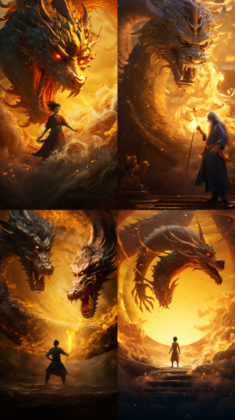 哪吒对战苍龙，中心构图，金光背景，暖黄主调，8k超清，逆光，霸气神秘氛围，广角镜头，动作激烈。