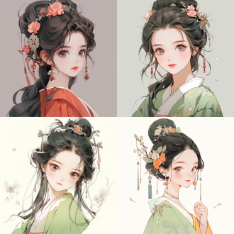 可爱的中国唐代小女孩，极简主义，简单的细节