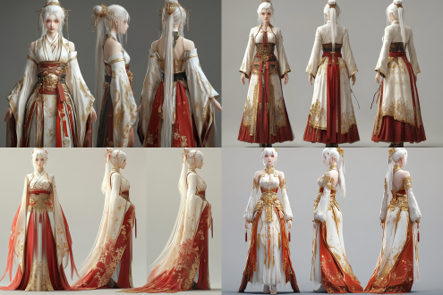 women's front, side, and back, long skirt, white hair, golden clothes, red and white waist accessories, chinese style gilded, technology style coloring, cg game style, modeling and rendering, 8k graphics quality