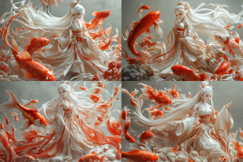 desk figurine, long skirt, goldfish element, white hair, golden clothes, red and white waist accessories, chinese style gilded, realistic scene, modeling rendering, 8k image quality